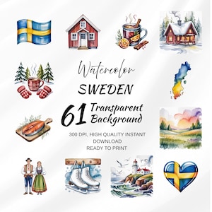Puede incluir: Ilustraciones de acuarela de Suecia, incluyendo la bandera sueca, una cabaña roja, una bebida caliente y un mapa. El texto dice "Watercolor Sweden 61 Transparent Background".