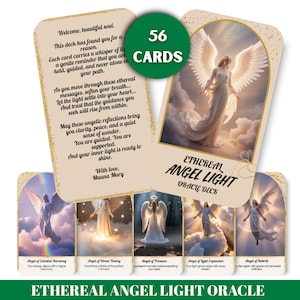 May include: An oracle deck titled "Ethereal Angel Light" with 56 cards. The cards feature angelic illustrations and inspirational text. The deck includes cards with titles such as "Angel of Celestial Harmony" and "Angel of Divine Timing".