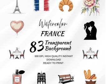 France & Paris Clipart Bundle – 83 Transparent PNGs, French Café, Fashion, Food  Watercolor Travel Illustrations
