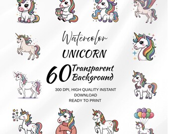 Puede incluir: Una colección de ilustraciones de unicornios en acuarela con crines y colas de arcoíris. La imagen incluye el texto "Watercolor UNICORN 60 Transparent Background" y otras indicaciones para imprimir.