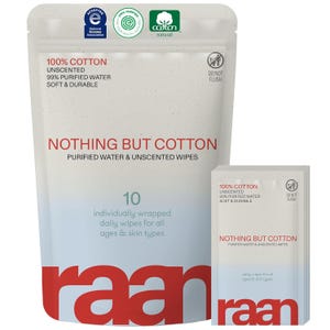 May include: A package of "Nothing But Cotton" purified water and unscented wipes. The package is white with red text and includes a smaller packet of wipes. The packaging states the wipes are 100% cotton, soft, and durable.