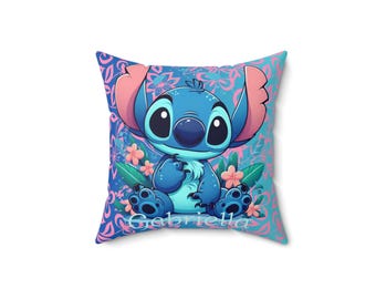 Cojín cuadrado de Stitch - Accesorio personalizado para la habitación de los niños de Disney, decoración acogedora para el hogar, poliéster hilado, regalo para niños, cojín decorativo personalizado.