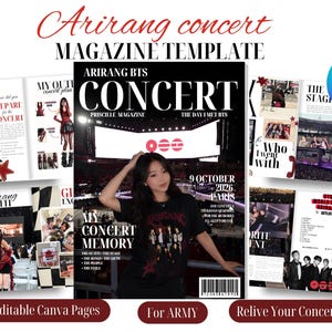 May include: A digital magazine template for a concert featuring 15 editable pages. The cover displays a person in a black t-shirt with the text Arirang BTS Concert, 9 October 2026, Paris, and My Concert Memory. Includes layouts for photos, setlists, and outfits.
