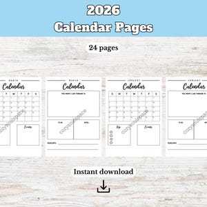 May include: Black and white calendar pages for 2026, featuring monthly layouts with space for notes and events. The design includes the text "Calendar Pages" and "Instant download".