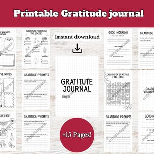 Może przedstawiać: Drukowany dziennik wdzięczności z różnymi stronami do refleksji, w tym podpowiedziami, trackerami i tablicą wizji. Dziennik ma minimalistyczny design z czarnym tekstem na białym tle i zawiera ponad 15 stron.
