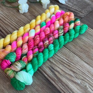 May include: A collection of ten small, twisted skeins of yarn arranged in a diagonal row. The colors transition from bright yellow at the top left to vibrant pink, speckled orange, and finally to various shades of green at the bottom right.