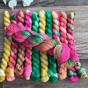 May include: A collection of ten mini skeins of yarn arranged in a row, featuring vibrant colors including bright yellow, hot pink, emerald green, and variegated orange. A single larger, twisted skein of yarn in matching pink and green tones lies horizontally across the top of the vertical row.