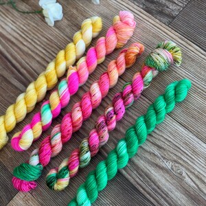 May include: Five twisted skeins of yarn arranged diagonally. The first is solid yellow, the second is a blend of pink and yellow, the third is a mix of pink and orange, the fourth is a variegated blend of pink, green, and yellow, and the fifth is solid green.