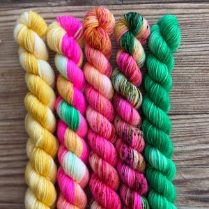 May include: Five twisted skeins of yarn arranged side by side. The first is solid yellow, the second features alternating stripes of neon pink and light green, the third is a variegated orange and pink, the fourth is a mix of green and pink, and the fifth is solid bright green.