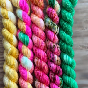 May include: Five twisted skeins of yarn arranged vertically. The first is solid yellow, the second features alternating stripes of neon pink and green, the third is a variegated peach and pink, the fourth is pink with dark speckles, and the fifth is solid green.