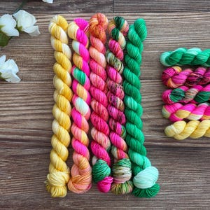 May include: A collection of ten yarn skeins in vibrant colors. Five skeins are arranged vertically, featuring solid yellow, pink and orange variegated, solid pink, multi-colored speckled, and solid green. Five smaller skeins are stacked horizontally.