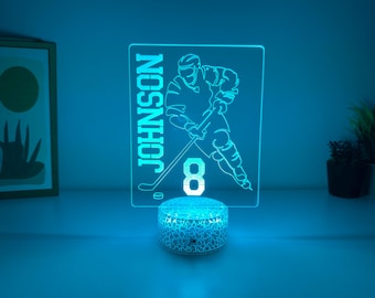 Custom Hockey LED Night Light - Kids Room Decor - Ice Hockey Gift Idea - Personalized Hockey Player Gift - Xmas Kids Hockey Room Night Lamp