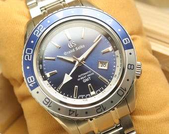 Reloj automático Grand Seiko GMT para hombre renovado. / Todo funcionando. / Reloj de acero inoxidable con esfera azul.