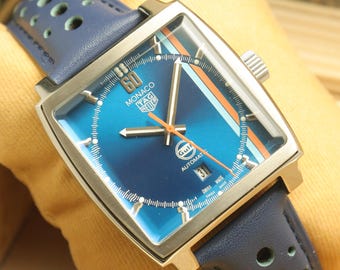 Reloj de pulsera automático Monaco para hombre con esfera azul, reacondicionado.