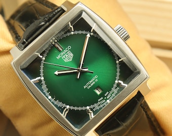 Reloj de pulsera automático Monaco para hombre con esfera verde, reacondicionado.