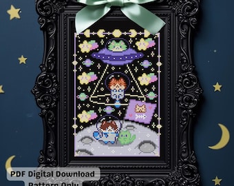 Kruissteekpatroon kattenastronauten: UFO Alien Abduction Moon Space (digitale pdf-download)