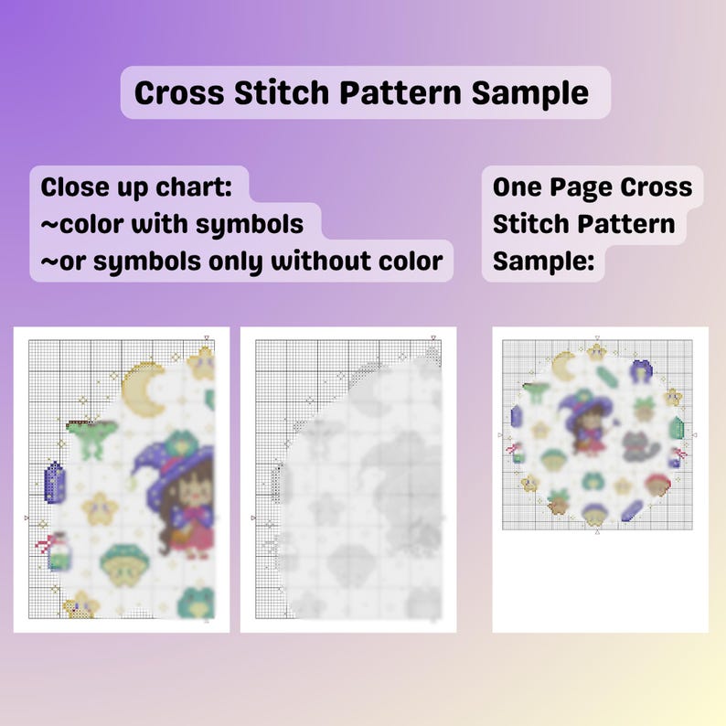 Puede incluir: Una muestra de patr&oacute;n de punto de cruz con tem&aacute;tica de brujas. La imagen muestra un gr&aacute;fico de primer plano con colores y s&iacute;mbolos, y una muestra de patr&oacute;n de punto de cruz de una p&aacute;gina. El texto dice "Cross Stitch Pattern Sample".