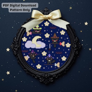 May include: A framed cross-stitch pattern featuring black cats in witch hats, flying on brooms, and a crescent moon. The text "PDF Digital Download Pattern Only" is at the top. The frame is black with a cream-colored bow.