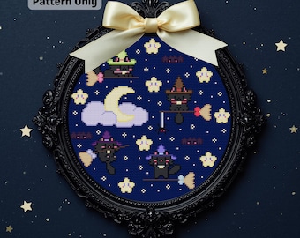 Witchy Black Cats Cross Stitch Pattern: Spooky Night Sky (PDF Digital Download)