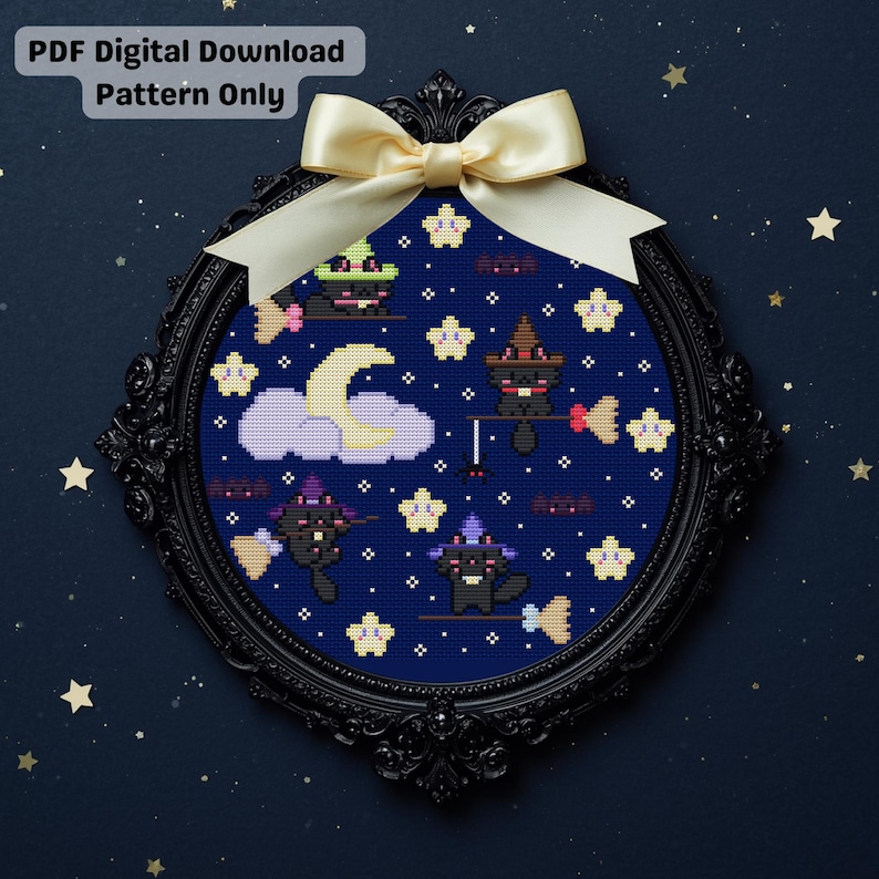 May include: A framed cross-stitch pattern featuring black cats in witch hats, flying on brooms, and a crescent moon. The text "PDF Digital Download Pattern Only" is at the top. The frame is black with a cream-colored bow.