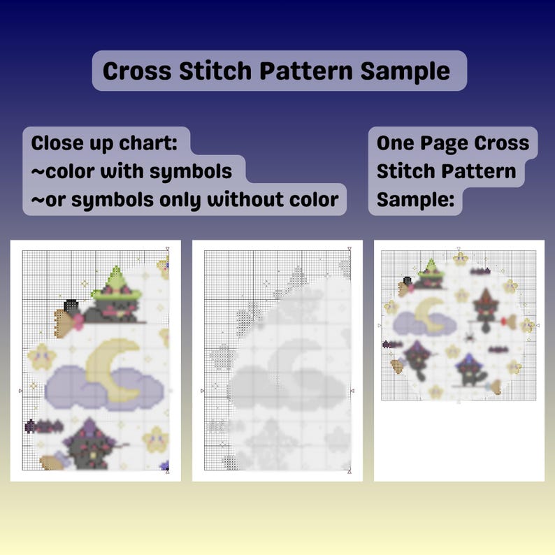 May include: A cross stitch pattern sample with the text "Cross Stitch Pattern Sample". The image shows a close-up chart with color and symbols, or symbols only without color. The image also shows a one-page cross stitch pattern sample.