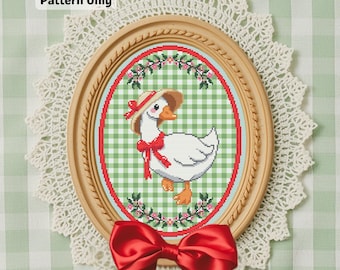 Cottagecore Goose Cross Stitch Pattern, Red Bow Hat (PDF Digital Download)