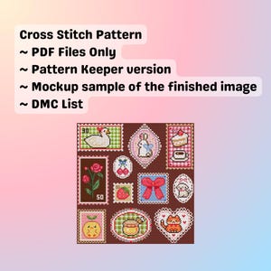 May include: A cross-stitch pattern featuring various cute designs, including a duck, bunny, cupcake, rose, cherries, bow, cat, and more. The text on the image says "Cross Stitch Pattern", "PDF Files Only", "Pattern Keeper version", "Mockup sample of the finished image", and "DMC List".