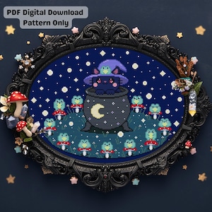 Può includere: Schema a punto croce con un gatto nero con cappello da strega in un calderone con una luna crescente. Il disegno comprende rane verdi su funghi rossi e bianchi, su uno sfondo blu scuro stellato. Testo: PDF Digital Download Pattern Only.