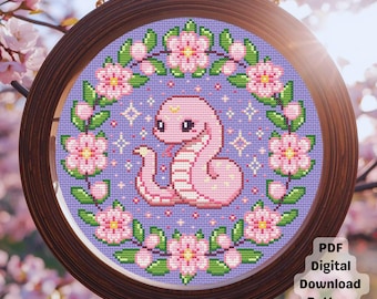 Sakura Blossom Baby Snake Spring Pink Cross Stitch Pattern (PDF Digital Download)