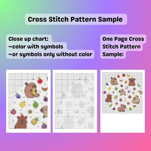 May include: Image of a cross stitch pattern sample with text that reads "Cross Stitch Pattern Sample." The image shows close-up charts with color and symbols, or symbols only without color. A one-page cross stitch pattern sample is also shown.