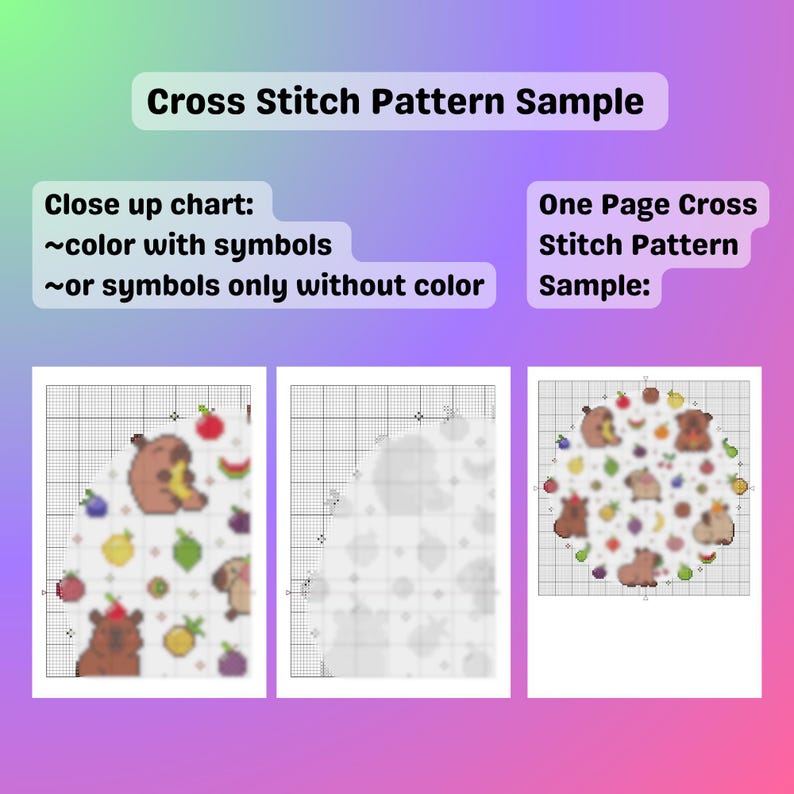 May include: Image of a cross stitch pattern sample with text that reads "Cross Stitch Pattern Sample." The image shows close-up charts with color and symbols, or symbols only without color. A one-page cross stitch pattern sample is also shown.
