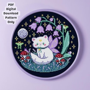Moon Fairy Cat with Purple Flowers Cross Stitch Pattern (PDF Digital Download)