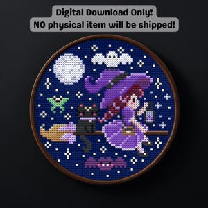 Flying Small Witch Night Sky Mini Cross Stitch Pattern (PDF Digital Download) image 2