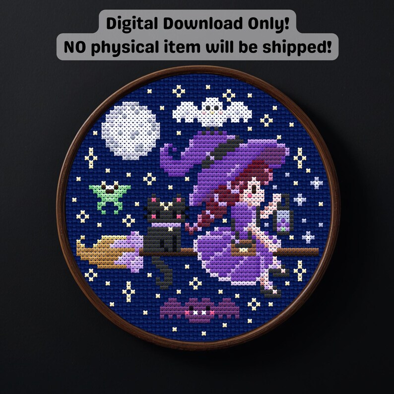 Flying Small Witch Night Sky Mini Cross Stitch Pattern (PDF Digital Download) image 2