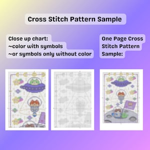 May include: A cross stitch pattern sample with the text "Cross Stitch Pattern Sample." The image shows three cross-stitch pattern examples, including a close-up chart with color and symbols, and a one-page sample.