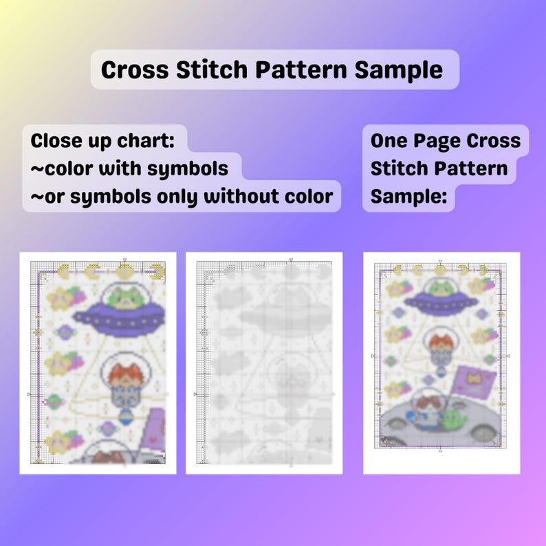 May include: A cross stitch pattern sample with the text "Cross Stitch Pattern Sample." The image shows three cross-stitch pattern examples, including a close-up chart with color and symbols, and a one-page sample.