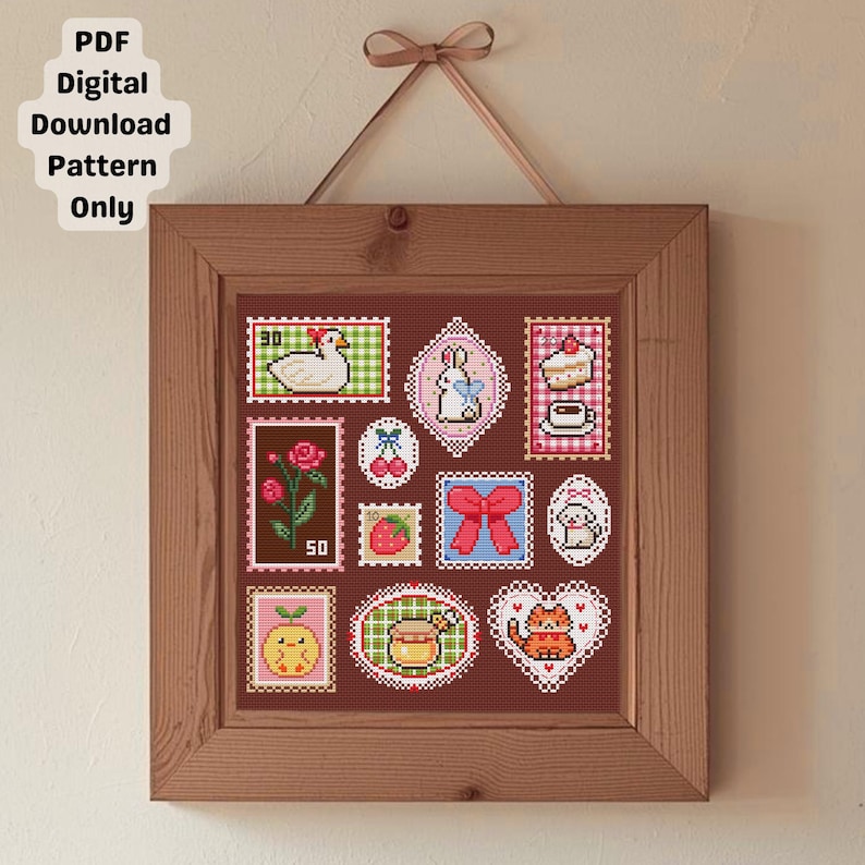 May include: A framed cross-stitch pattern featuring various cute designs resembling postage stamps. The stamps include a duck, bunny, cake, rose, cherries, bow, dog, strawberry, honey pot, orange cat, and a lemon. The frame is made of wood, and the text "PDF Digital Download Pattern Only" is in the upper left corner.