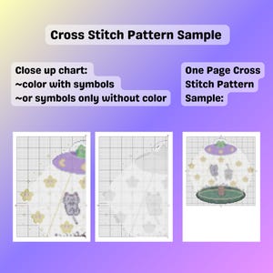 May include: A cross stitch pattern sample with three different charts. The charts include a close-up color chart with symbols, a symbols-only chart, and a one-page cross stitch pattern sample. The text reads "Cross Stitch Pattern Sample."