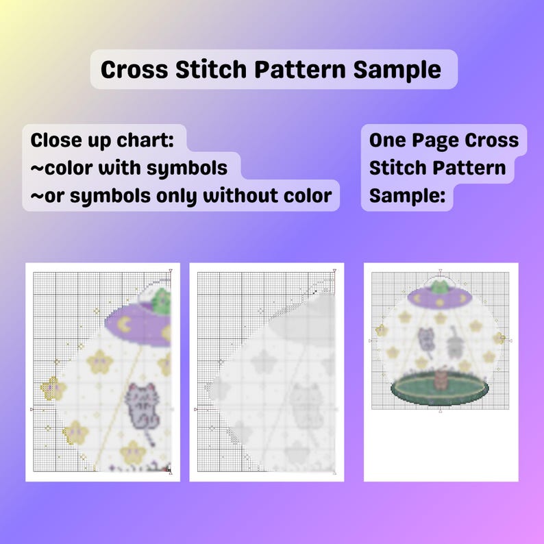 May include: A cross stitch pattern sample with three different charts. The charts include a close-up color chart with symbols, a symbols-only chart, and a one-page cross stitch pattern sample. The text reads "Cross Stitch Pattern Sample."