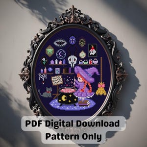 Patrón de punto de cruz para la habitación de la bruja mágica: Caldero gótico de Halloween con gato negro (descarga digital en PDF)