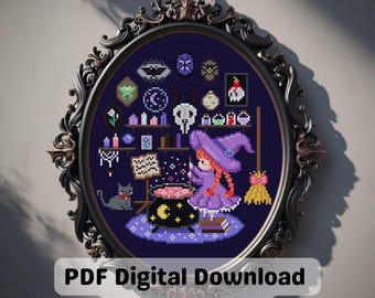 Patrón de punto de cruz para habitación de bruja mágica: Caldero gótico de Halloween con gato negro (descarga digital en PDF)