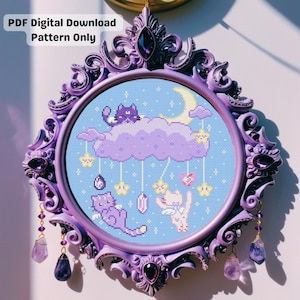 Crystal Angel Cats Pastel Cross Stitch Pattern: Moon Fantasy Sky (PDF Digital Download)