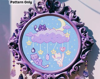 Crystal Angel Cats Pastel Cross Stitch Pattern: Moon Fantasy Sky (PDF Digital Download)
