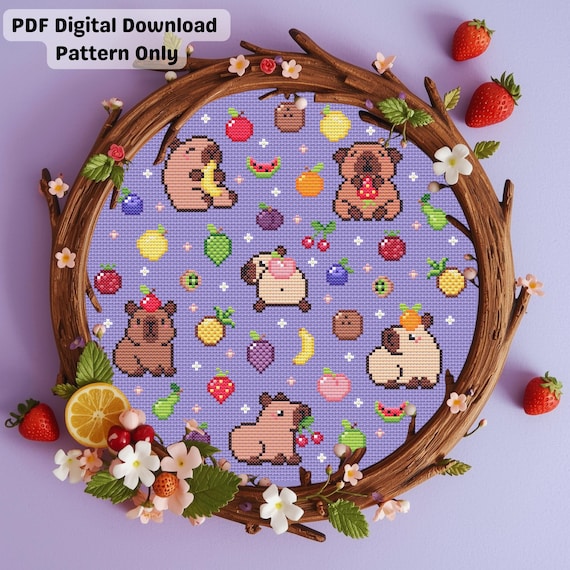 Capybaras and Fruits Cross Stitch Pattern (PDF Download)