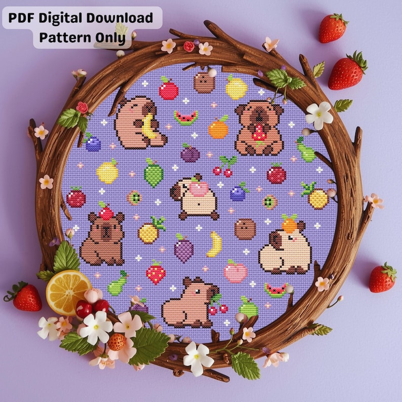May include: A cross-stitch pattern featuring pixelated animals and fruits, set within a wooden frame adorned with flowers and strawberries. The pattern includes the text "PDF Digital Download Pattern Only". The animals are eating various fruits.