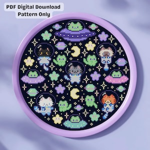 Cat Astronauts Cross Stitch Pattern, Space Alien UFO (PDF Download)