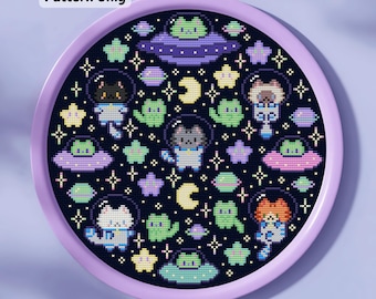 Cat Astronauts Cross Stitch Pattern, Space Alien UFO (PDF Download)