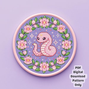 Sakura Blossom Baby Snake Spring Pink Cross Stitch Pattern (PDF Digital Download)
