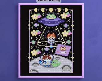 Cat Astronauts Cross Stitch Pattern: UFO Alien Abduction Moon Space (PDF Digital Download)