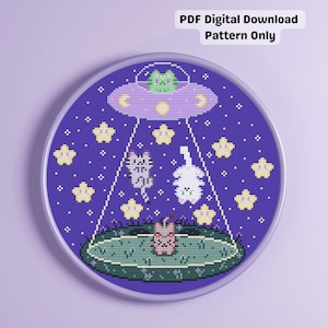 UFO Alien Cat Abduction Funny Counted Cross Stitch Pattern (PDF Digital Download)